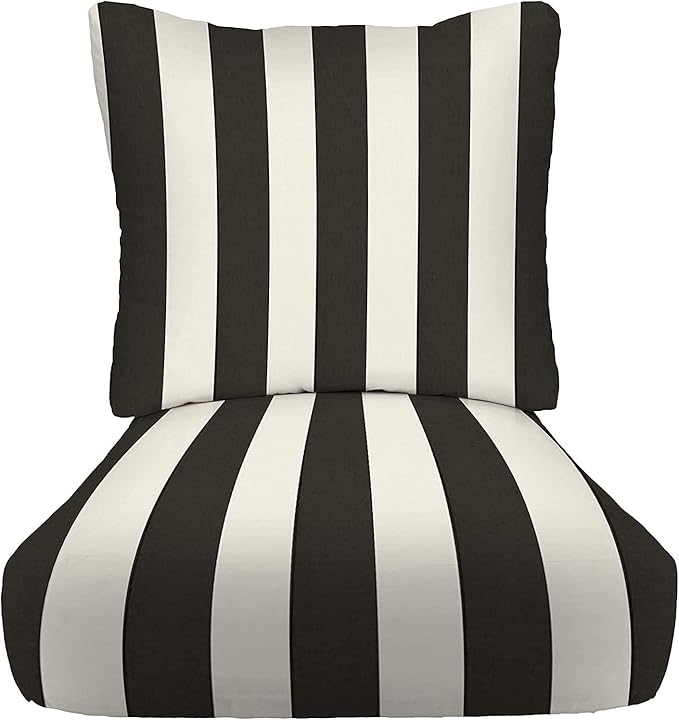 RSH DECOR: Deep Seating Cushion with Pillow Back | 23” x 26” Seat | All-Weather Spun Fabric | Water and Fade-Resistant | Outdoor Chair Cushion Set for Patio Furniture | Black & White Stripe