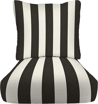 RSH DECOR: Deep Seating Cushion with Pillow Back | 23” x 26” Seat | All-Weather Spun Fabric | Water and Fade-Resistant | Outdoor Chair Cushion Set for Patio Furniture | Black & White Stripe