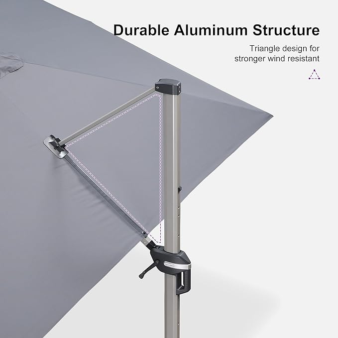 PURPLE LEAF 10' X 13' Patio Umbrella, Rectangle Outdoor Cantilever Umbrella, Aluminum Offset Umbrella with Champagne Frame and 360° Rotation for Pool Deck Garden, Light Grey