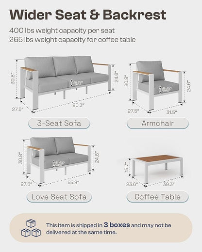 Aluminum Outdoor Patio Furniture Set with Coffee Table, 4 Piece Outdoor Conversation Sets with Washable Thick Cushions, Patio Sectional Furniture Set for Porch, Balcony, Deck, White