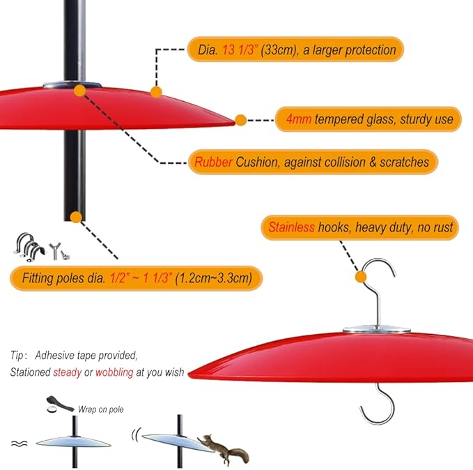 13" Glass Rain Guard for Bird Feeder Outdoors - Baffle on Shepherd Pole or S Hook Hanging - Large Weather Guard Protective Dome - Red (Dia. 33CM)