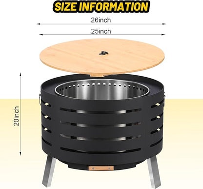 GarveeLife 26 in Smokeless Fire Pit with Removable Ash Pan, Wood Burning Firepit Table with Fire Poker,Smokeless Outdoor Fireplace with Carrying Bag, Outdoor Fire Pits for Bbq, Table, Bonfire, Camping