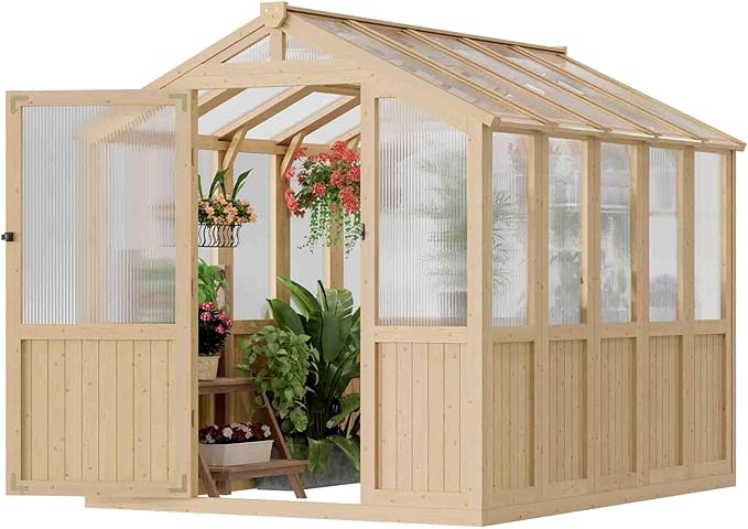 6 * 8 FT Wood Greenhouses for Outdoors Heavy Duty, Outdoor Greenhouse Kit with Adjustable Roof Vent and Reinforced Panels, Walk in Polycarbonate Greenhouse for Outside Garden & Backyard, Light Honey