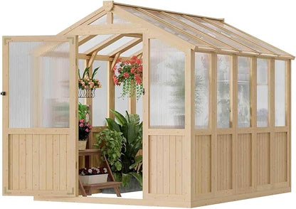 6 * 8 FT Wood Greenhouses for Outdoors Heavy Duty, Outdoor Greenhouse Kit with Adjustable Roof Vent and Reinforced Panels, Walk in Polycarbonate Greenhouse for Outside Garden & Backyard, Light Honey