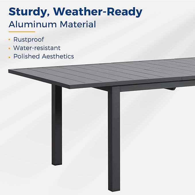 Aluminum Extendable Outdoor Dining Table, 68"-91.5" Adjustable Length Oversized Patio Table for 6-10 People, All-Weather Patio Dining Table with Adjustable Feet for Deck Balcony Garden, Grey