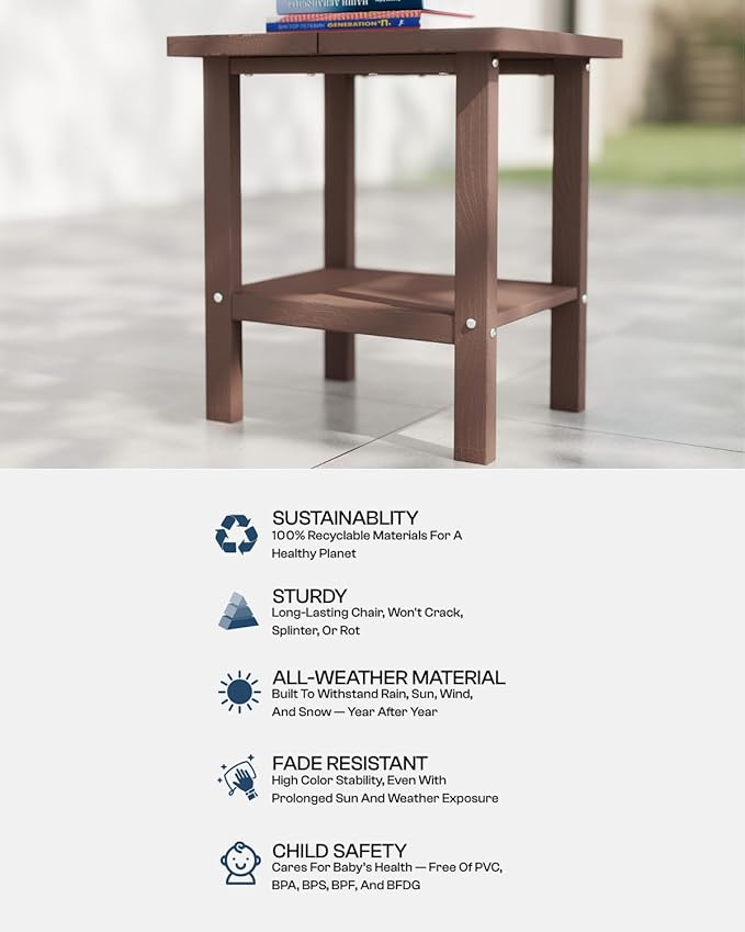 Kingdura Adirondack Outdoor Side Table, 16 x 13 Inches HDPE Plastic Outside End Tables for Patio Pool Porch Backyard Indoor, 2 Tiers Storage Shelf, All Weather Resistant, Easy Maintenance (Brown)
