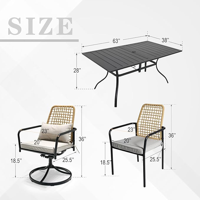 7-Piece Outdoor Dining Set, 6 Stackable Chairs with Cushions ＆ 63'' Rectangular Outdoor Table, Wicker Rattan Design, All Weather Frame Furniture Set