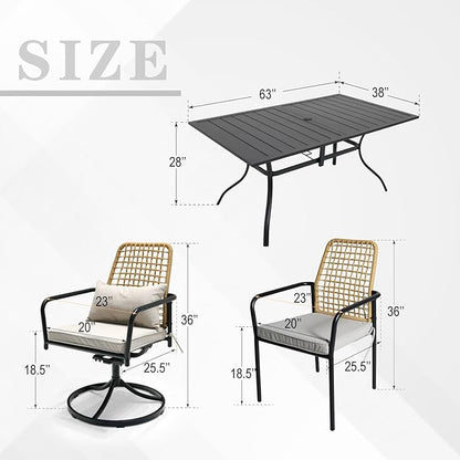 7-Piece Outdoor Dining Set, 6 Stackable Chairs with Cushions ＆ 63'' Rectangular Outdoor Table, Wicker Rattan Design, All Weather Frame Furniture Set