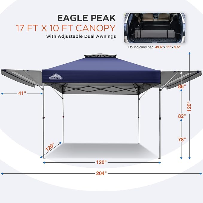 EAGLE PEAK 17x10 Pop up Gazebo Canopy Tent Outdoor Instant Canopy Shelter with Adjustable Dual Half Awnings (Blue)