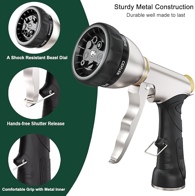 FANHAO Garden Hose Nozzle, 100% Heavy Duty Metal Water Hose Nozzle Sprayer with 7 Spray Patterns, High Pressure Hand Sprayer with Ergonomic Handle for Watering Plants & Lawns, Washing Cars & Pets