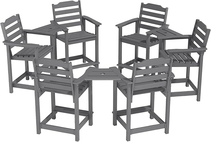 OTSUN Tall Adirondack Chairs Set of 6 with Connecting Tray, 24 inches HDPE Bar Height Outdoor Chairs, All Weather Resistant for Balcony, Porch, Kitchen (6 PCS, Grey)