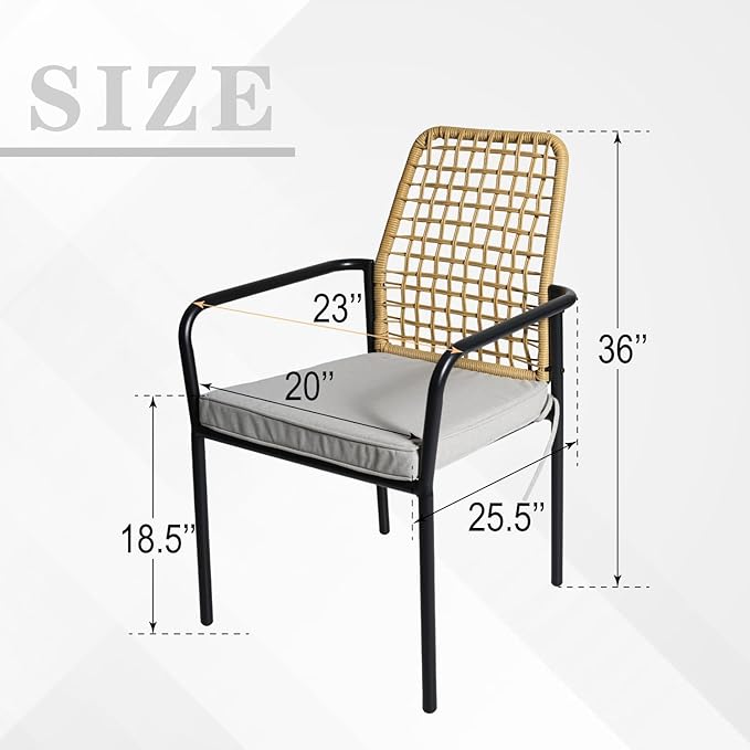 7-Piece Patio Dining Set, 6 Wicker Stacker Rattan Chairs with Gray Cushions ＆ 63'' Rectangular Table All Weahter Frame Furniture Set