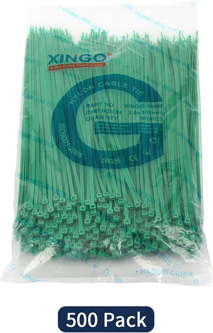 XINGO Nylon Cable Zip Ties Self Locking Plastic Wire Ties with 40 Lbs Tensile Strength for Indoor and Outdoor 12 Inch 500 Pack Green
