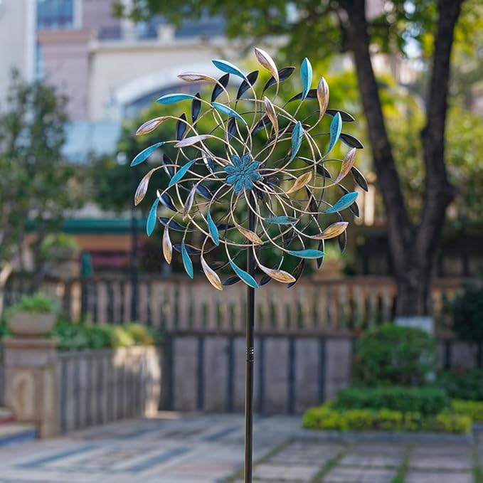 DREAMYSOUL Wind Spinner Outdoor, 23" Dia Metal Windmills with Blue and Copper Leaves, Kinetic Wind Spinners & Sculpture for Yard and Garden