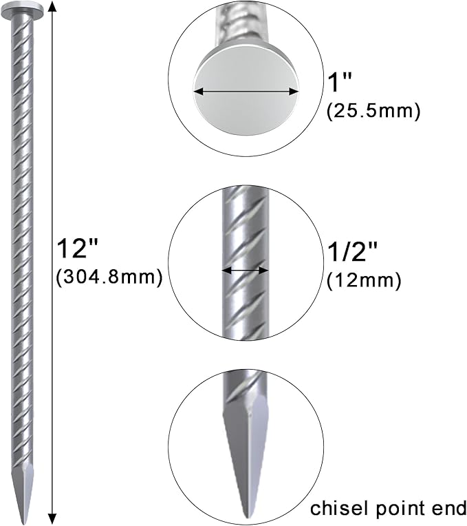 VVOKGO 12 Inch Rebar Stakes Metal Asphalt Anchoring Spikes Ground (32pcs), 1/2 Inch Diameter Galvanized Landscape Anchors Heavy Duty for Speed Bump, Handicap Threshold Ramps, Parking Limits Curb, Tarp