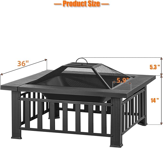 36 inch Fire Pit, Square Outdoor Fire Pit Table with Spark Screen & Fire Poker, 3-in-1 Multipurpose Firepits for Outside, Fireplace for Yard, Garden, Patio