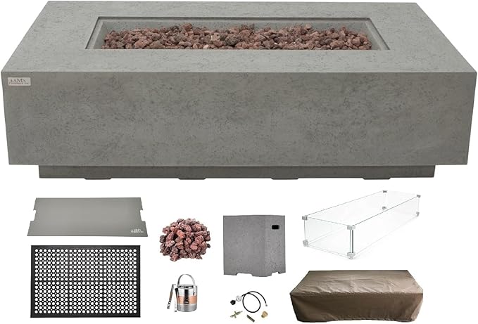 AMS Creations | Madison 60" Bundle Rectangular Propane Gas Outdoor Fire Pit Table | Light Gray Concrete GFRC | Limestone Texture or Surface | Electronic Ignition | Outside Backyard Fireplace