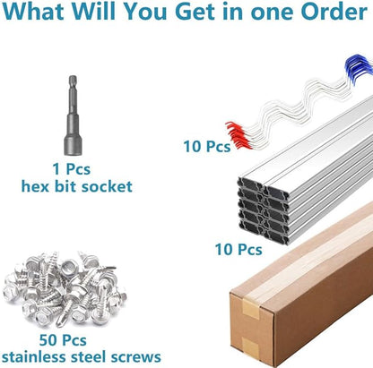 Greenhouse Spring Wire & Lock Channel 6.6 ft - PVC Coated Spring Wire & Aluminum U-Channel Bundle, Farmer Greenhouse Poly Film or Shade Cloth Attachment, 50 Mounting Screws Included [10 Pack]