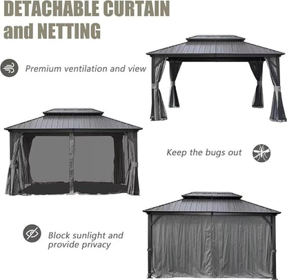 Domi 8’ X 10’ Hardtop Gazebo Canopy with Netting & Curtains, Outdoor Metal Gazebo with Galvanized Steel Double Roof for Patio Lawn and Garden, Gray