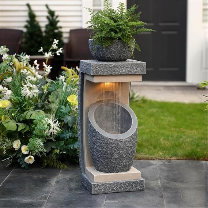 LuxenHome Water Fountain Outdoor, 32 Inch Resin Cascading Water Fountains Indoor with LED Lights, Modern Garden Decor, Small Waterfall Fountain, Outdoor Fountains and Waterfalls Garden Decor