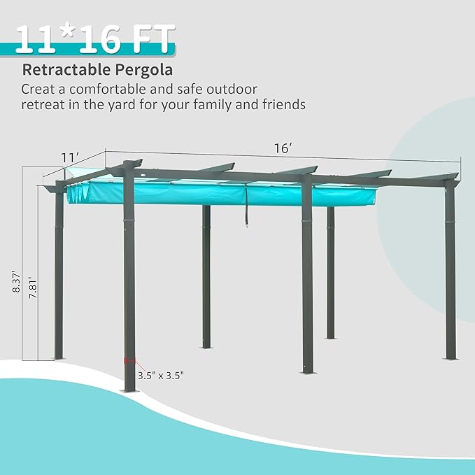 Domi Outdoor Living 11’ X 16’ Outdoor Retractable Pergola with Weather-Resistant Canopy Aluminum Garden Pergola Patio Grill Gazebo for Courtyard (Lake Blue)