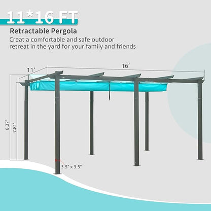 Domi Outdoor Living 11’ X 16’ Outdoor Retractable Pergola with Weather-Resistant Canopy Aluminum Garden Pergola Patio Grill Gazebo for Courtyard (Lake Blue)