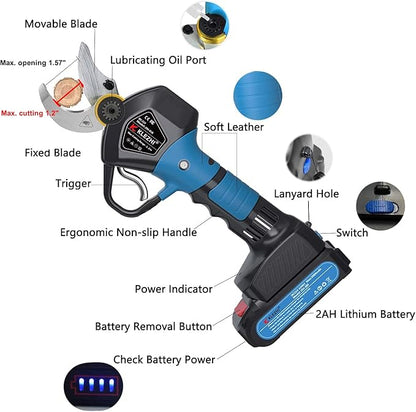 Professional Cordless Electric Pruning Shears with 2 PCS Backup Rechargeable 2Ah Lithium Battery Powered Tree Branch Pruner Branch Cutter, 30mm (1.2 Inch) Cutting Diameter