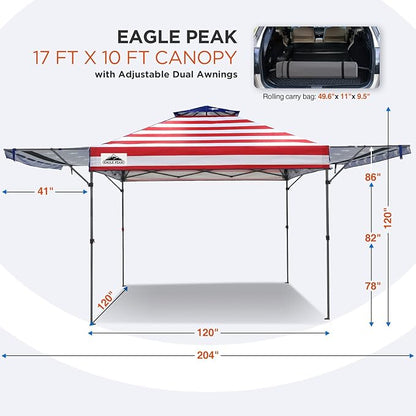 EAGLE PEAK 17x10 Pop up Gazebo Canopy Tent Outdoor Instant Canopy Shelter with Adjustable Dual Half Awnings (American Flag)