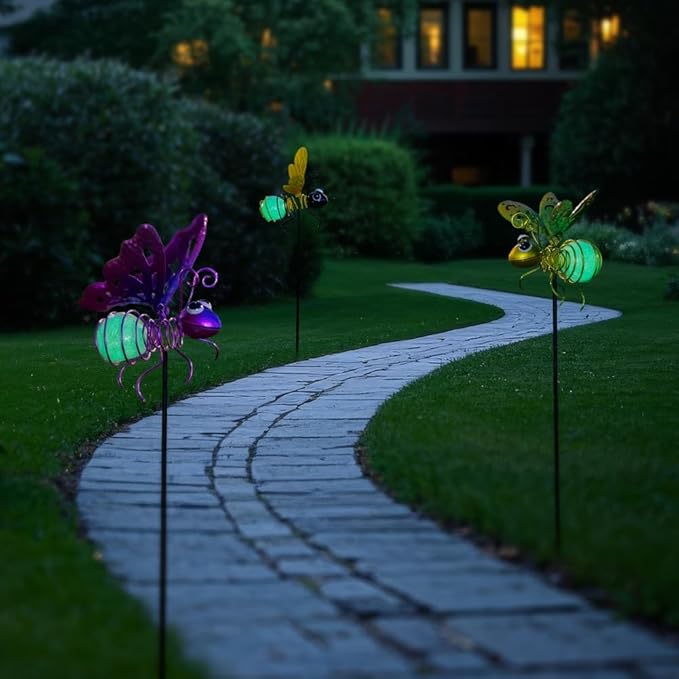 Garden Decor for Outside,3 Pcs Insect Garden Decorative Stakes,Glow in The Dark Bee Metal Yard Art,Waterproof Outdoor Spring Lawn Patio Pathway Decoration for Mom,Women,Grandma