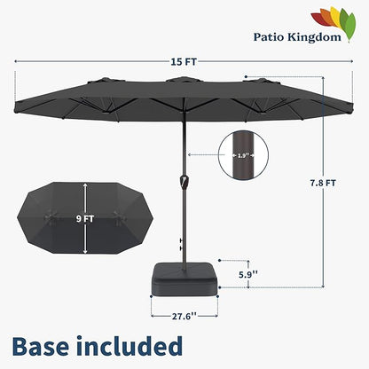 15FT Double Sided Patio Umbrella with Base Included Large Outdoor Market Umbrella with Crank Handle, UV Resistant Canopy, Sturdy Frame for Garden, Poolside, Deck, Gray