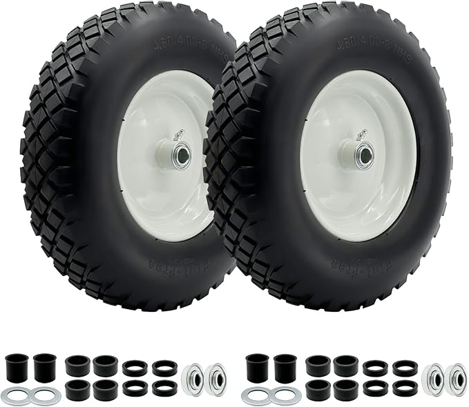 2-Pack 4.80-8 Wheelbarrow Tire and wheel with 3"-6''Centered Hub, 3/4" or 5/8''or 1/2'' Bearings, 16‘’ Tire Assembly for Hand Truck,Garden Cart (4.80/4.00-8 Flat Free,3"Center Hub,Knobby Tread)