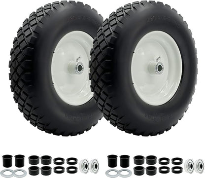 2-Pack 4.80-8 Wheelbarrow Tire and wheel with 3"-6''Centered Hub, 3/4" or 5/8''or 1/2'' Bearings, 16‘’ Tire Assembly for Hand Truck,Garden Cart (4.80/4.00-8 Flat Free,3"Center Hub,Knobby Tread)