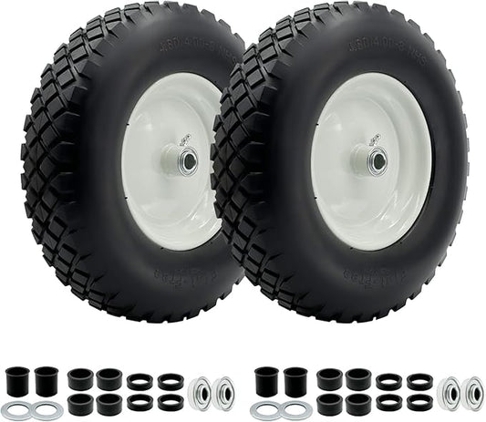 2-Pack 4.80-8 Wheelbarrow Tire and wheel with 3"-6''Centered Hub, 3/4" or 5/8''or 1/2'' Bearings, 16‘’ Tire Assembly for Hand Truck,Garden Cart (4.80/4.00-8 Flat Free,3"Center Hub,Knobby Tread)