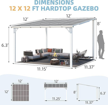 AECOJOY 12' x 12' Gazebo in White, Large Outdoor Wall Mounted Gazebos on Clearance, Patio Lean to Gazebo Metal Awnings for Decks,Patio, Porch, Backyard and More