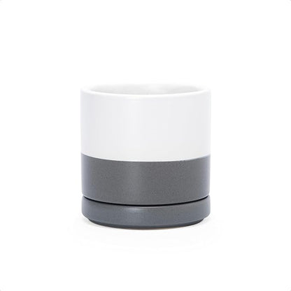 D'vine Dev 3.5 Inch Ceramic Planter Pot with Drainage Hole and Saucer, Indoor Cylinder Round Planter Pot, White/Speckled Grey, 94-O-A-6