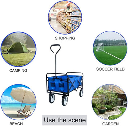 Folding Garden Cart,Utility Collapsible Wagon,Outdoor Camping Beach Cart with Handle and Wheels (Blue)