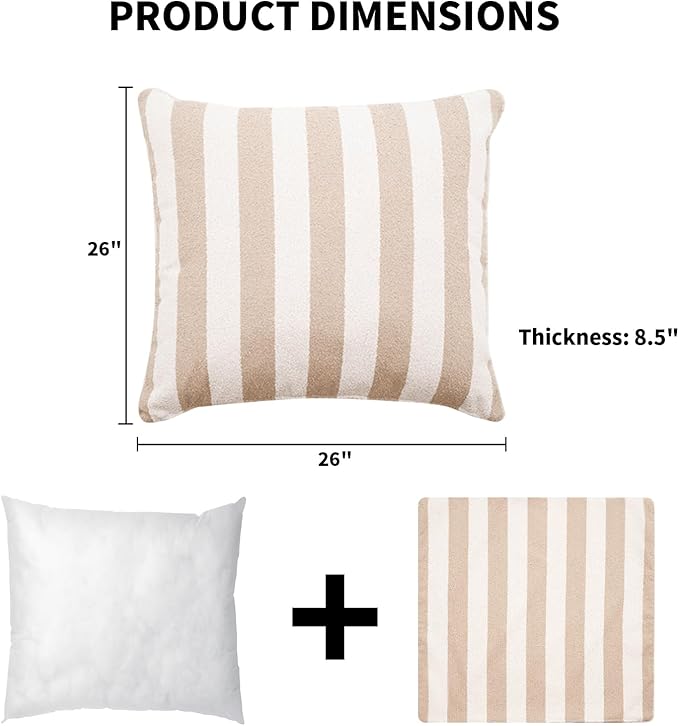2 Pack Outdoor Throw Pillows 26x26 Inch Decorative Pillow Cushions with Insert for Patio Garden Porch, Khaki Stripe