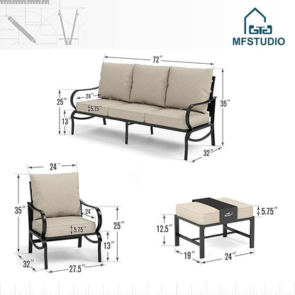 MFSTUDIO 5 Pieces Patio Conversation Sets,Outdoor Metal Furniture Sofas with 1 x 3-Seat Sofa, 2 x Sofa Chairs,2 x Ottoman,Wrought Iron Frame with Beige Cushion for Patio Courtyard Balcony