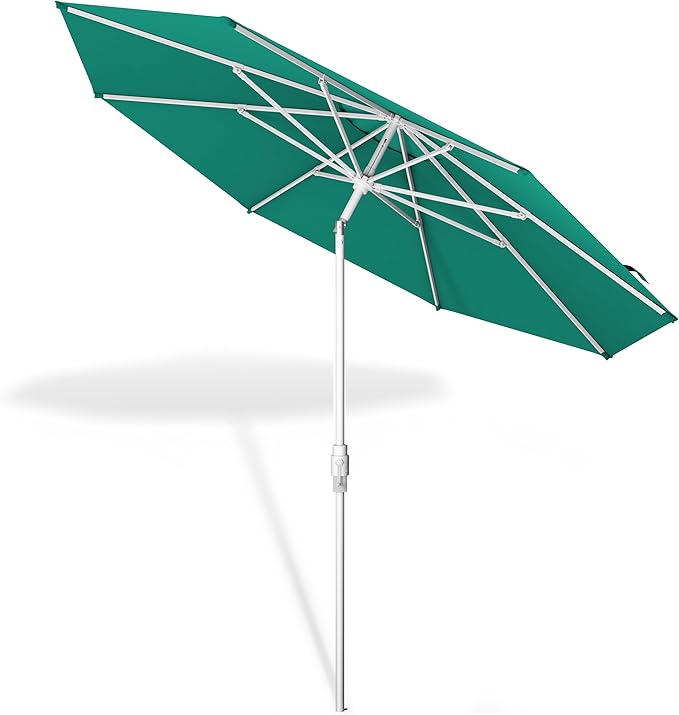 Midtown Umbrellas The Swilt 10 Feet Patio Umbrella in Sunbrella Canvas Teal Acrylic Fabric - Fiberglass Ribs, Auto-Tilt Aluminum Frame For Backyard, Deck, Garden, Pool - White Pole