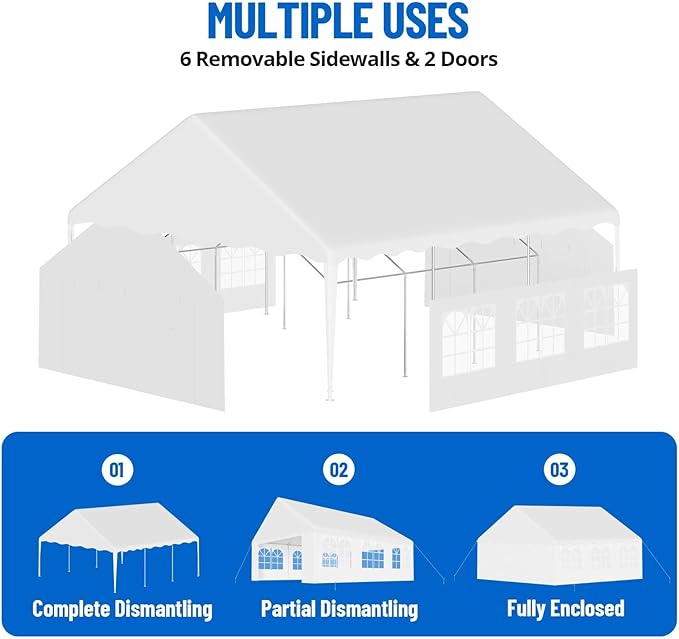 20'X20' Party Tent with Removable Sidewall Windows, Outdoor Heavy Duty Wedding Gazebo, Event Shelter Wedding Canopy Tent for Parties Carport BBQ, White & Wave Edge
