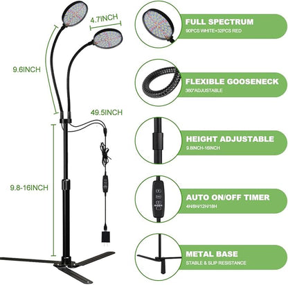 Grow Light 4.7'' LED Dual Ring,80W 6000K Full Spectrum Gooseneck Lamp for Indoor Plants Growing with Timer 4/8/12/18Hrs,Dimmable & Height Extendable 9-16''