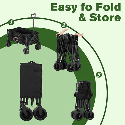 TOMSHOO Wagons Cart 120L Collapsible Wagon 330lbs Load Universal Wheels Wagons Carts Foldable with Cup Holders, Side Pocket and Brakes for Camping, Garden, Sports, Beach, Shopping, Black