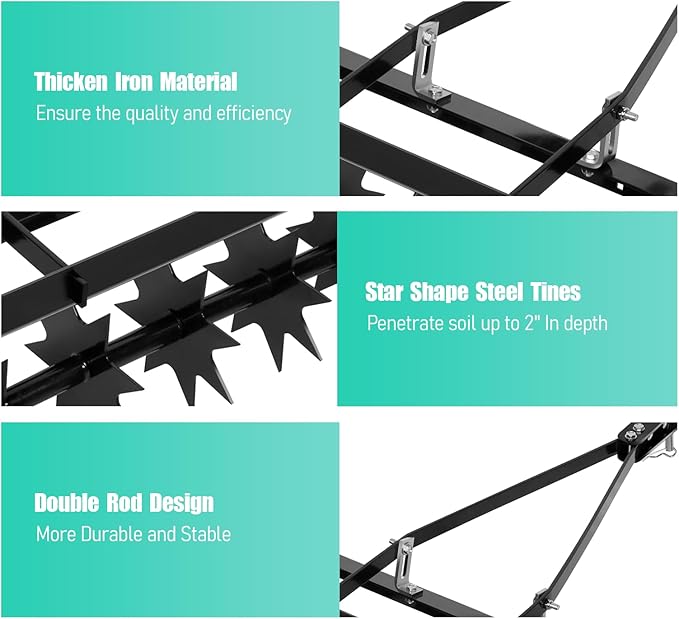 35 Inch Tow Behind Plug Aerator, Pull Behind Lawn Aerator Tool with Star Shaped Brass Nails, Spike Aerator for Lawn Soil Dredging, Yard, Garden Can Be Applied