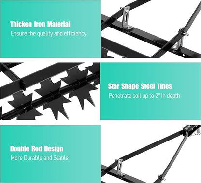 35 Inch Tow Behind Plug Aerator, Pull Behind Lawn Aerator Tool with Star Shaped Brass Nails, Spike Aerator for Lawn Soil Dredging, Yard, Garden Can Be Applied
