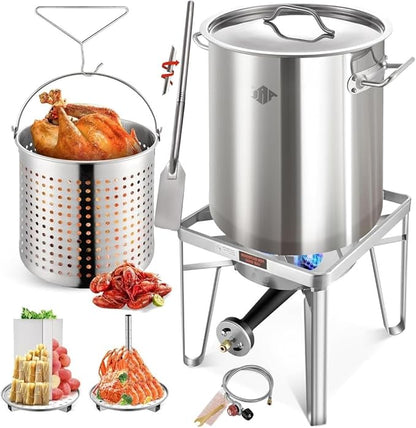 ARC 52QT Stainless Steel Turkey Fryer Pot with 36" Mixing Paddle, Propane Burners Kit, Tamale Steamer Pot with Basket, Steamer Rack, for Outdoor Cooking, Seafood Boil, Crawfish Boil, Home Brewing
