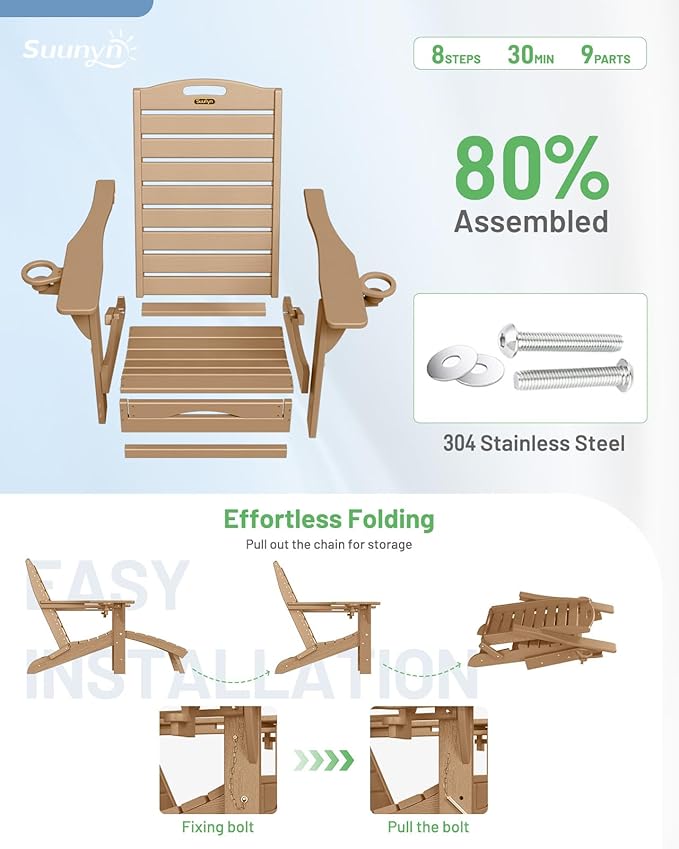 Folding Adirondack Chairs Set of 4,Adirondack Chair with Retractable Ottoman,Plastic Adirondack Chairs with 2 Cup Holder,Weather Resistant Patio Chair,Outdoor Chairs Set of 4(Teak)