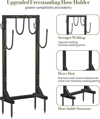 Garden Hose Holder Water Hose Holder with 4 Spikes, Freestanding Hose Hanger Outdoor Hold Stand Heavy Duty 6 Hooks Metal Garden Hose Storage Hose Reel Rack for Outside (Black)