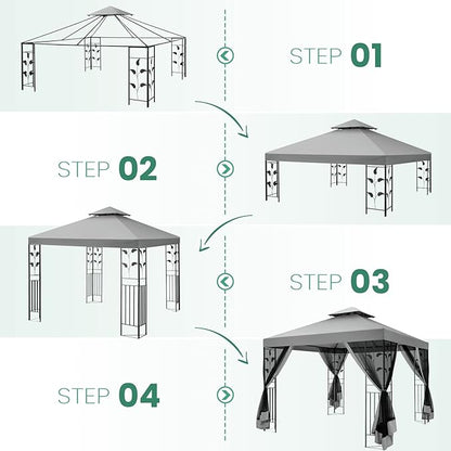COBIZI Gazebo 10x13 Heavy Duty Gazebos with Improved Nettings Outdoor Gazebo Double Roof Patio Gazebos with Metal Steel Frame Outdoor Canopy for Patio,Garden, Backyard (Gray)