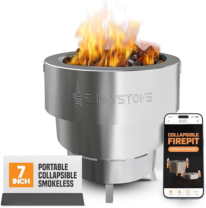 Slinky Stove Smokeless Fire Pit for Outdoor Wood-Burning - 7-Inch Patented Collapsible Firepit with Cooking Grill - Portable Stainless Steel Solo Pit for Camping, Backyard, Patio Bonfires