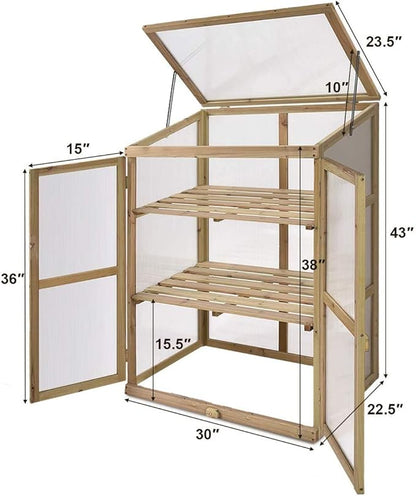 Moccha Greenhouse Wooden Cold Frame, Portable Garden Flower Planter with Removable Shelf and Hinges, Raised Cold Frame with Foldable Top and Side Doors for Outdoor, Porch, Backyard, Balcony